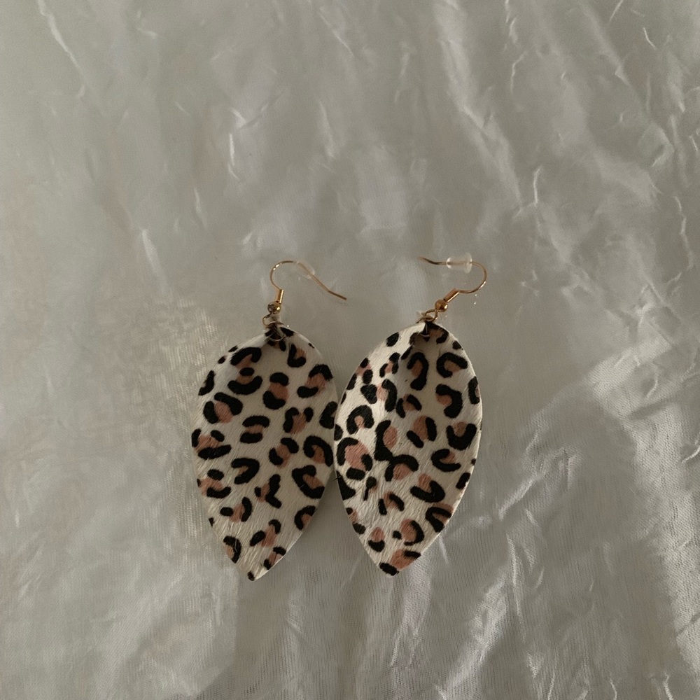 White Animal Print Leather Drop Earrings - Picture 5 of 7